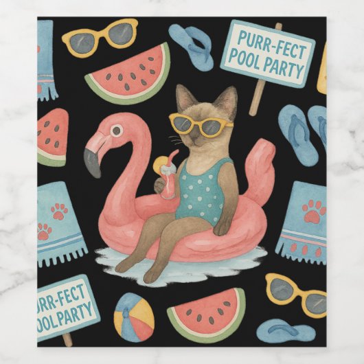 Pool Birthday Party for Cat Lovers  ワインラベル (シングルラベル)