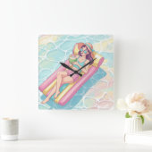 Pool Day Relaxing Girl スクエア壁時計 (ホーム)