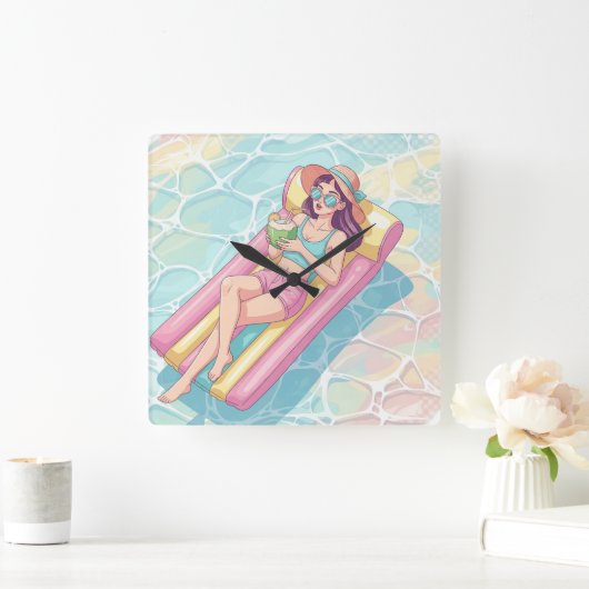 Pool Day Relaxing Girl スクエア壁時計 (ホーム)