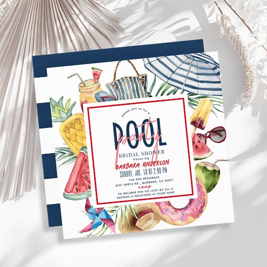 Pool Party Beach Gear July 4th Bridal Shower 招待状