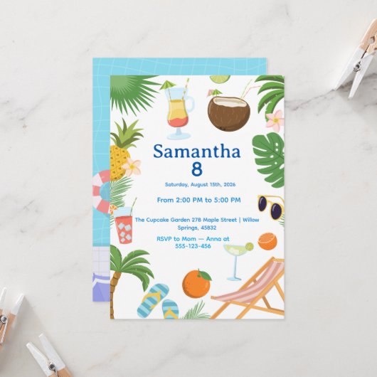 Pool Party Birthday Invitation - Summer Theme 招待状 (正面/裏面インサイチュ)