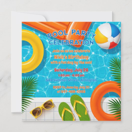 Pool Party Celebration Summer Birthday Invitation 招待状 (正面)