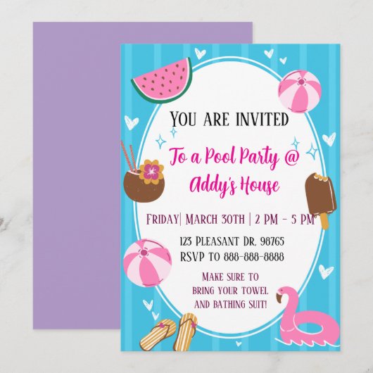 Pool Party Fun! Birthday Pool Party! 招待状 (正面/裏面)