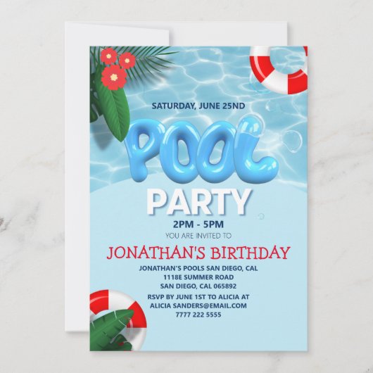 Pool Party fun Summer Birthday 招待状 (正面)