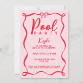 Pool Party Girly Red Bow Coquette Pink Wavy 招待状 (正面)