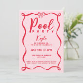 Pool Party Girly Red Bow Coquette Pink Wavy 招待状 (スタンド正面)