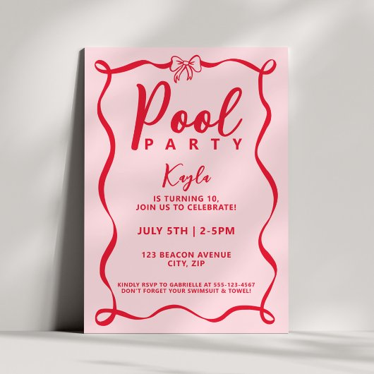 Pool Party Girly Red Bow Coquette Pink Wavy 招待状