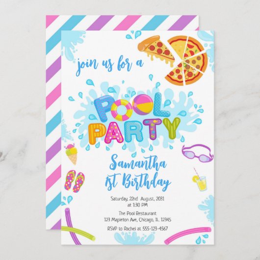 Pool Party | Modern Summer Themed Birthday Party 招待状 (正面/裏面)