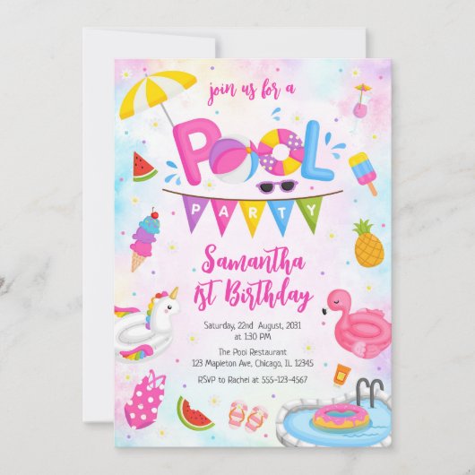 Pool Party | Modern Summer Themed Birthday Party 招待状 (正面)