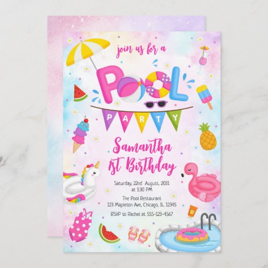 Pool Party | Modern Summer Themed Birthday Party 招待状 (正面/裏面)