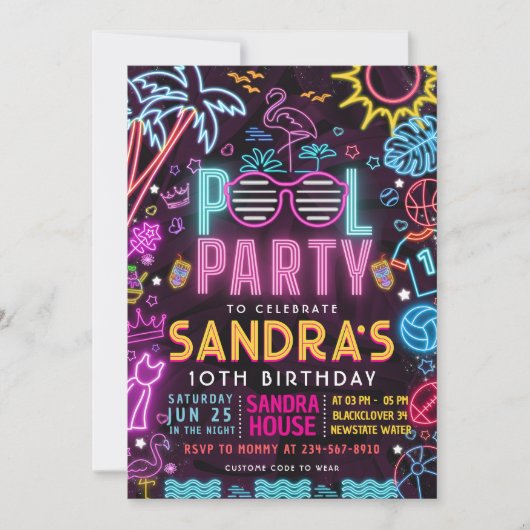 Pool Party Night | Neon Glow Birthday Party 招待状 (正面)