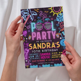 Pool Party Night | Neon Glow Birthday Party 招待状