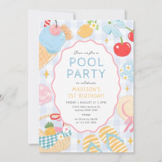 Pool Party Pastel Doodle Beach Birthday 招待状 (正面)