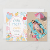 Pool Party Pastel Doodle Beach Birthday Photo 招待状 (正面)