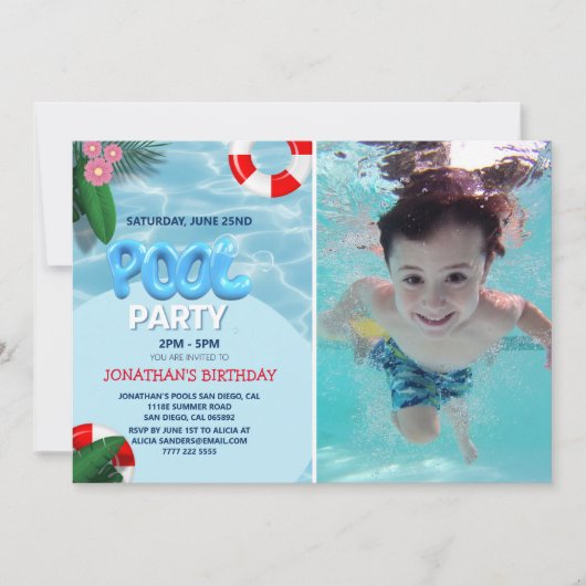 Pool Party Photo, fun Summer Birthday 招待状 (正面)