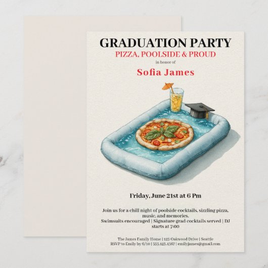 Pool Party Pizza Graduation Celebration Invitation 招待状 (正面/裏面)