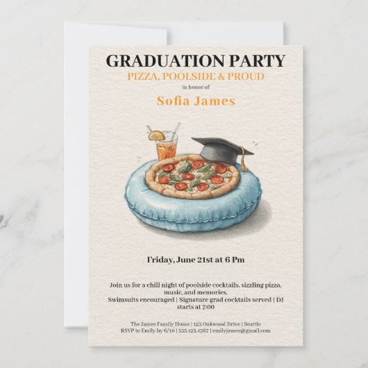 Pool Party Pizza Graduation Celebration Invitation 招待状 (正面)