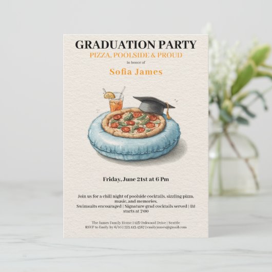 Pool Party Pizza Graduation Celebration Invitation 招待状 (スタンド正面)