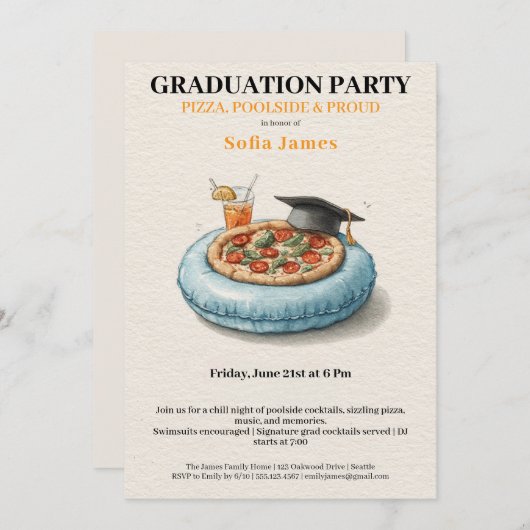 Pool Party Pizza Graduation Celebration Invitation 招待状 (正面/裏面)