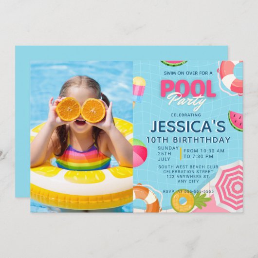 Pool Party Splish Splash Pool Birthday Invitation 招待状 (正面/裏面)