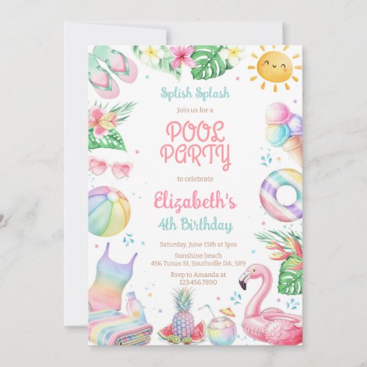 Pool Party Splish Splash Summer Beach Birthday 招待状 (正面)