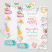 Pool Party Splish Splash Summer Beach Birthday 招待状 (正面/裏面)