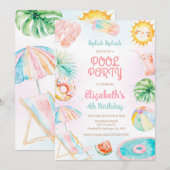 Pool Party Splish Splash Summer Beach Birthday 招待状 (正面/裏面)