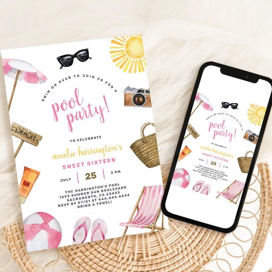Pool Party Summer Beach Birthday Invitation 招待状