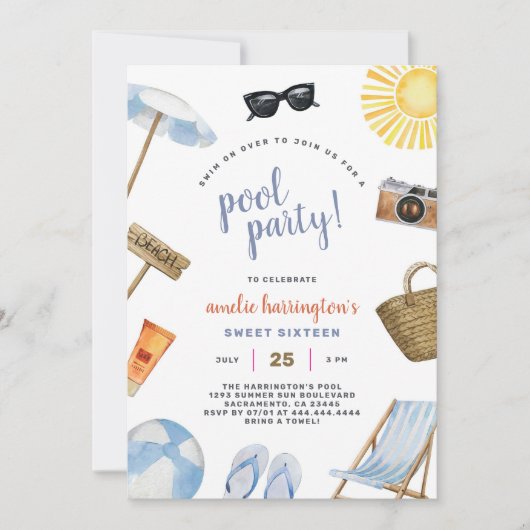 Pool Party Summer Beach Birthday Invitation 招待状 (正面)