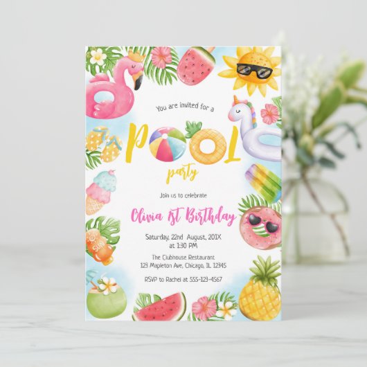 Pool Party Summer Theme Birthday Party Invitation 招待状 (スタンド正面)
