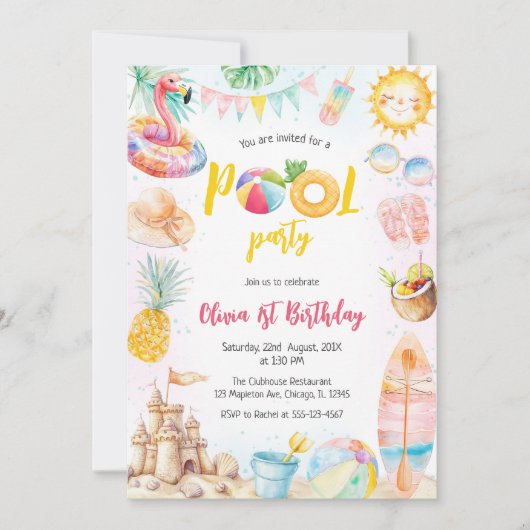 Pool Party Summer Theme Birthday Party Invitation 招待状 (正面)