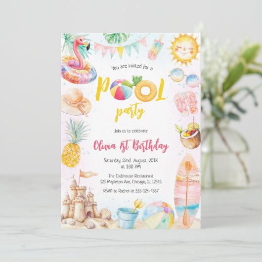 Pool Party Summer Theme Birthday Party Invitation 招待状 (スタンド正面)