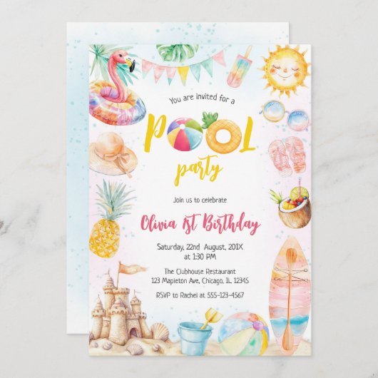 Pool Party Summer Theme Birthday Party Invitation 招待状 (正面/裏面)