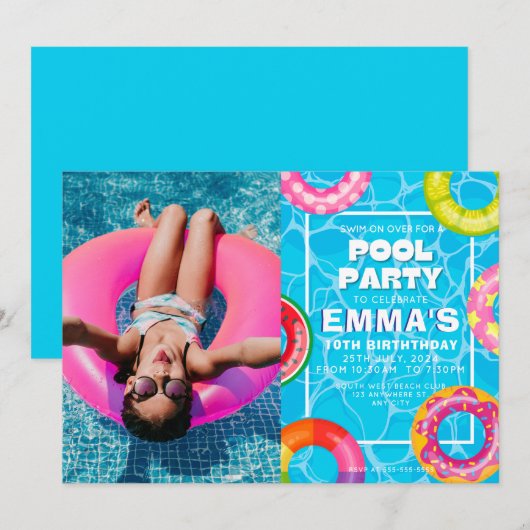 Pool Photo Birthday Party 招待状 (正面/裏面)