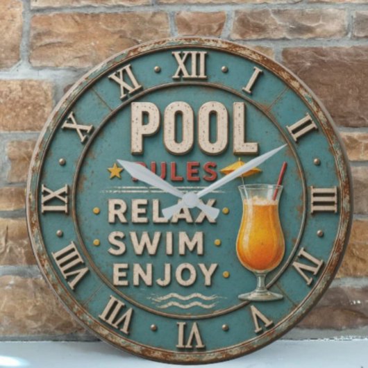 Pool Rules Swimming Decor ラージ壁時計