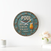 Pool Rules Swimming Decor ラージ壁時計 (ホーム)