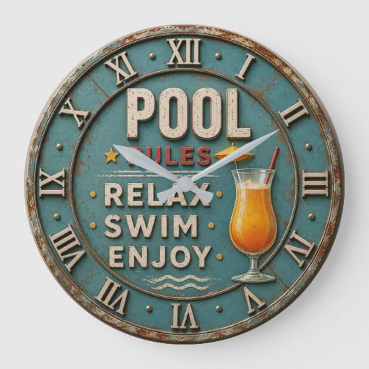 Pool Rules Swimming Decor ラージ壁時計 (正面)
