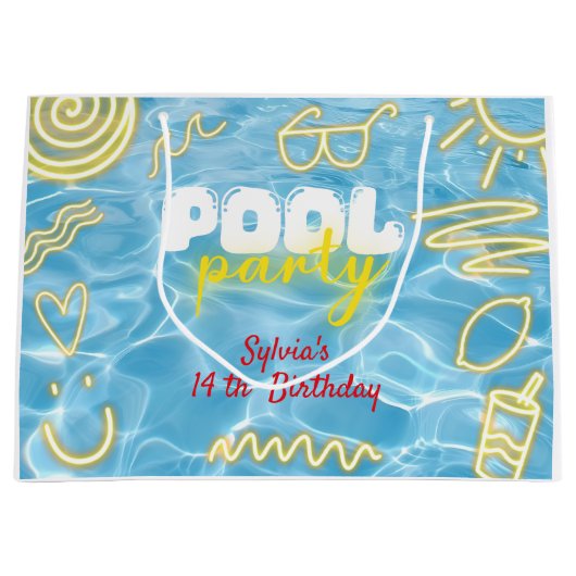 Pool summer neon vibes birthday party ラージペーパーバッグ (正面)