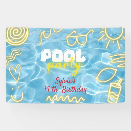 Pool summer neon vibes birthday party 横断幕 (横)