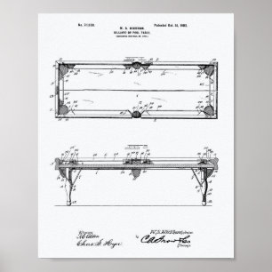 Pool Table 1902 Patent Art – ホワイト紙 ポスター