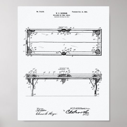 Pool Table 1902 Patent Art – ホワイト紙 ポスター (正面)