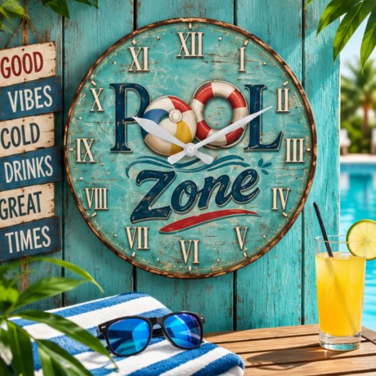 Pool Zone Vintage Poolside Beach House ラージ壁時計