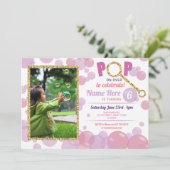 POPバブル ライラック バースデー ピンク フォト グリッター ゴールド 招待状 (スタンド正面)