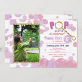 POPバブル ライラック バースデー ピンク フォト グリッター ゴールド 招待状 (正面/裏面)