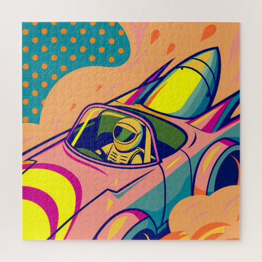 Pop Art Astronaut Driving Rocket Car ジグソーパズル (縦)