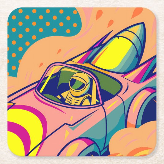 Pop Art Astronaut Driving Rocket Car スクエアペーパーコースター (正面)