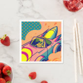 Pop Art Astronaut Driving Rocket Car スタンダードカクテルナプキン (インサイチュ)
