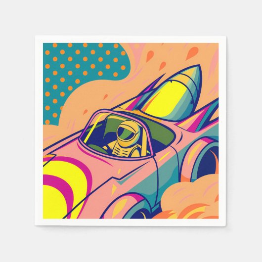 Pop Art Astronaut Driving Rocket Car スタンダードカクテルナプキン (正面)