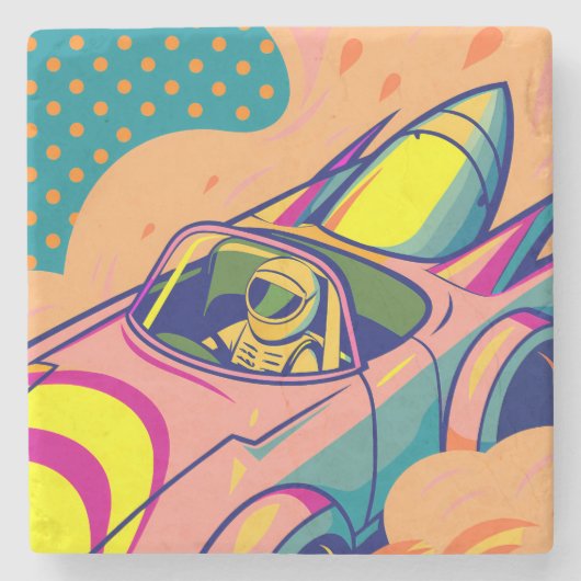 Pop Art Astronaut Driving Rocket Car ストーンコースター (正面)