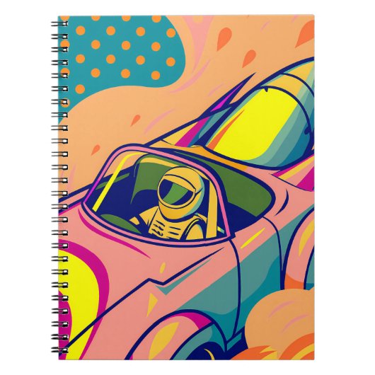 Pop Art Astronaut Driving Rocket Car ノートブック (正面)